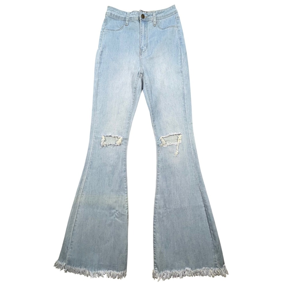 NWT JC & JQ Light Blue Flare Jeans Distressed Frayed Hem Womens Size M GP3321
